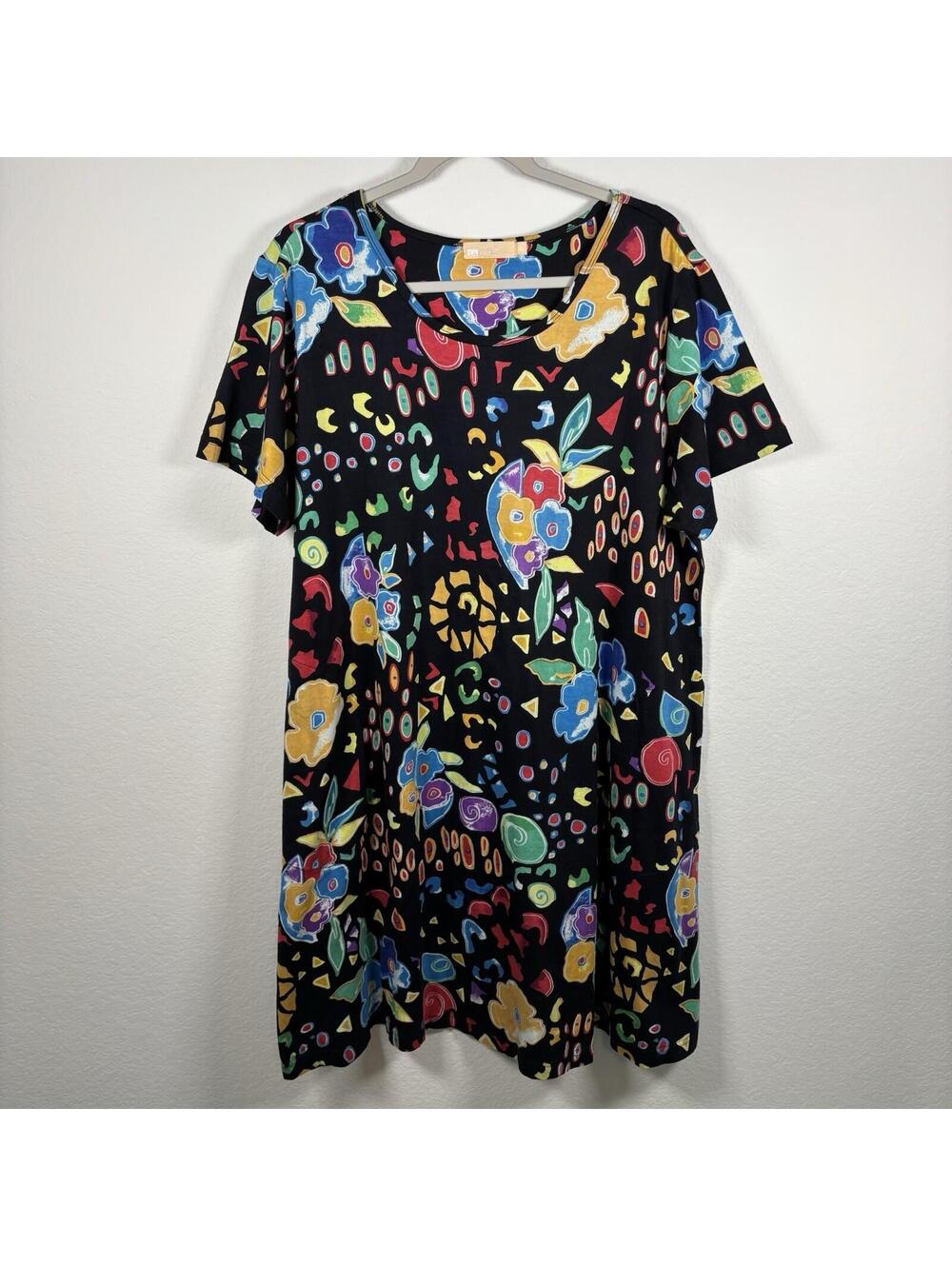La Cera Women's 100% Cotton Dress Short Sleeve XL Black Colorful Abstract Floral